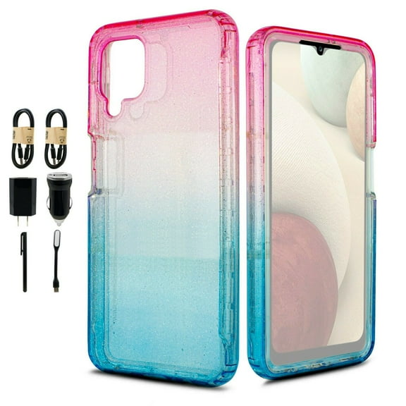 Compatible for Samsung Galaxy A12 Glitter Bling Full Body Built In Screen Protector Phone Case PU Shock Bumper Scratch Guard Skin Wrap Slim Cover with Accessories