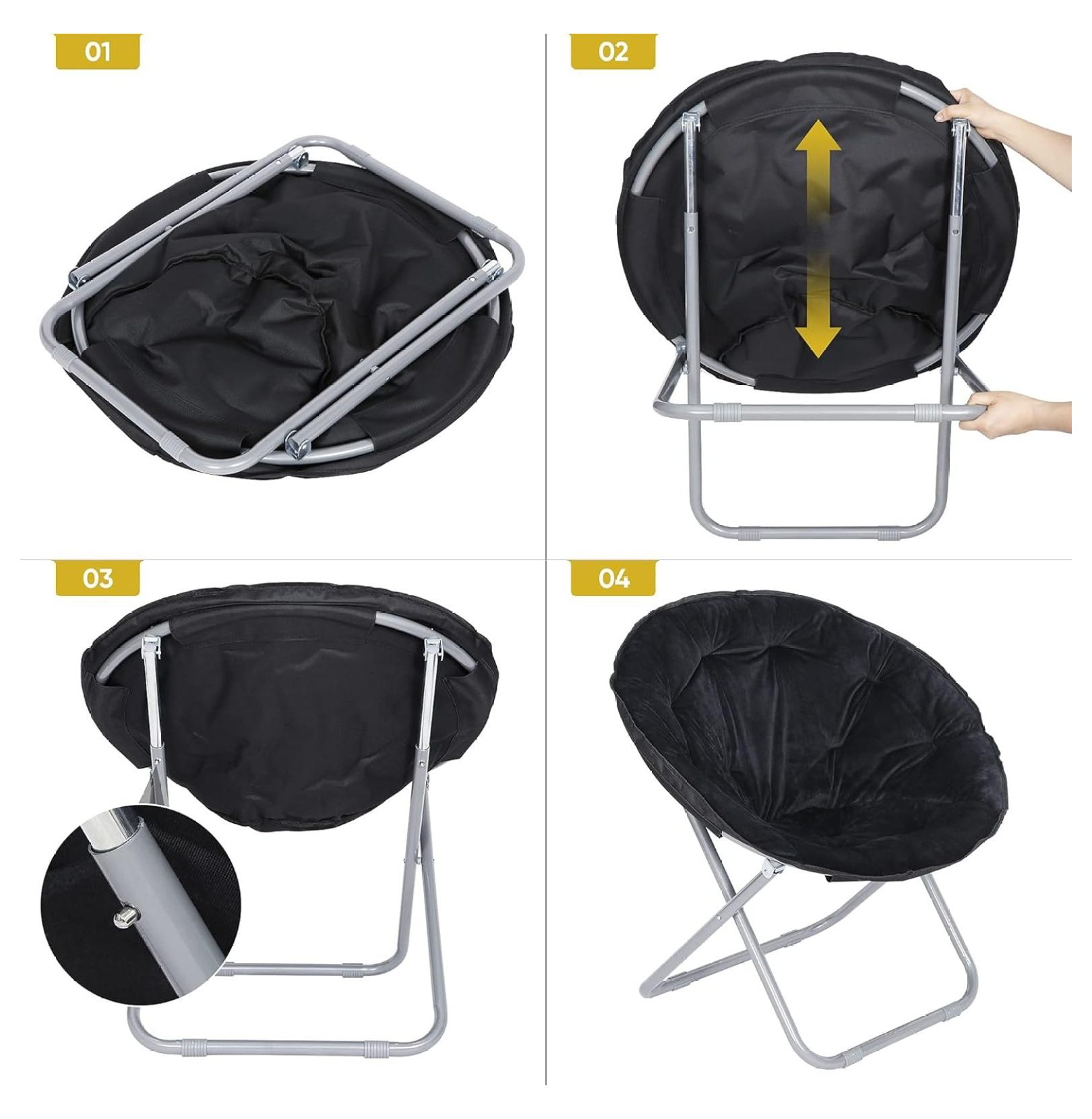 Faux Fur Moon Chair, Folding Saucer Chair for Adults, Portable Lounge Chair for Bedroom, Dorm, Patio - Black