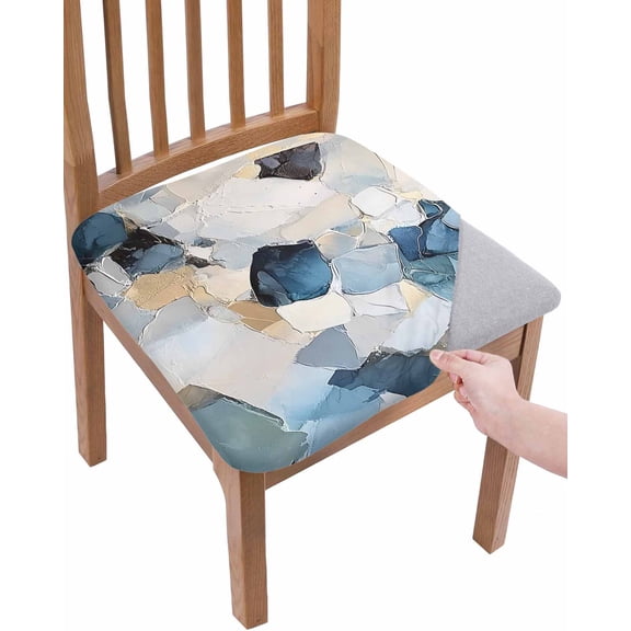 Blue Geometric Chair Seat Covers for Dining Room Stretch Chair Seat Covers Set of 2, Modern Abstract Oil Painted Chair Seat Protector Cushion Slipcovers for Kitchen Restaurant Office