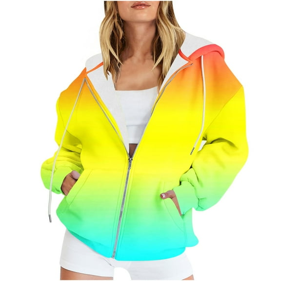 ChaoHeng Ladies Coats Winter Coats Winter,Women's Casual Printed Zippered Long Sleeved Hooded Sweater Jacket Top,Yellow,S