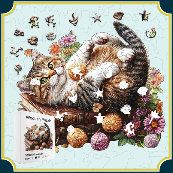 Wooden Jigsaw Puzzle - Playful Tabby Cat on Books, Unique Animal Shaped Pieces, Cozy Wall Art & Family Game