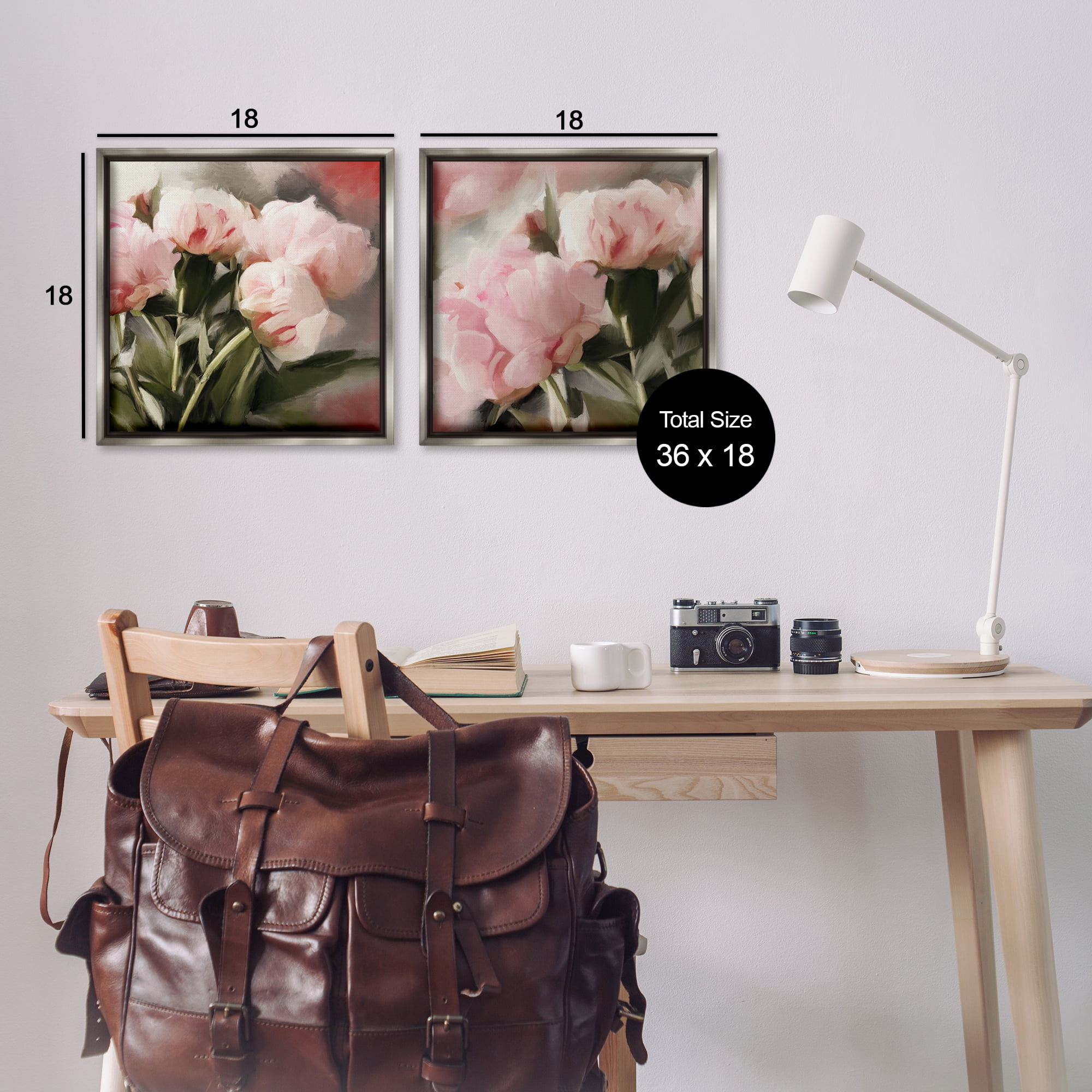 Stupell Industries Soft Pink Peony Arrangement Plants & Flowers Painting Gray Floater Framed Canvas Art Print Wall Art, 18 x 18, Set of 2