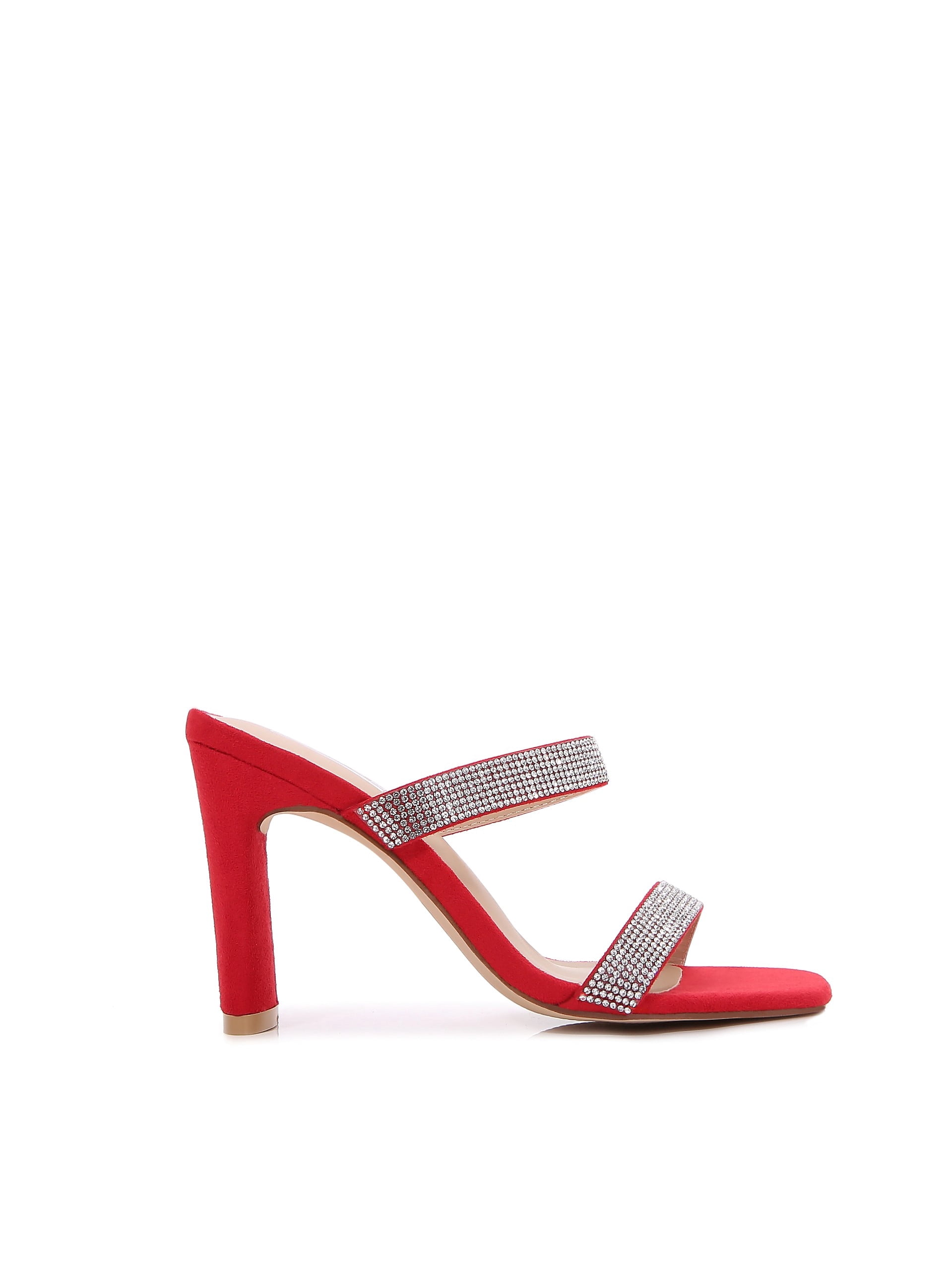 Women Double Strap High Chunky Heeled Slip On Slide Sandals (Double Rhinestoned Red, 7)