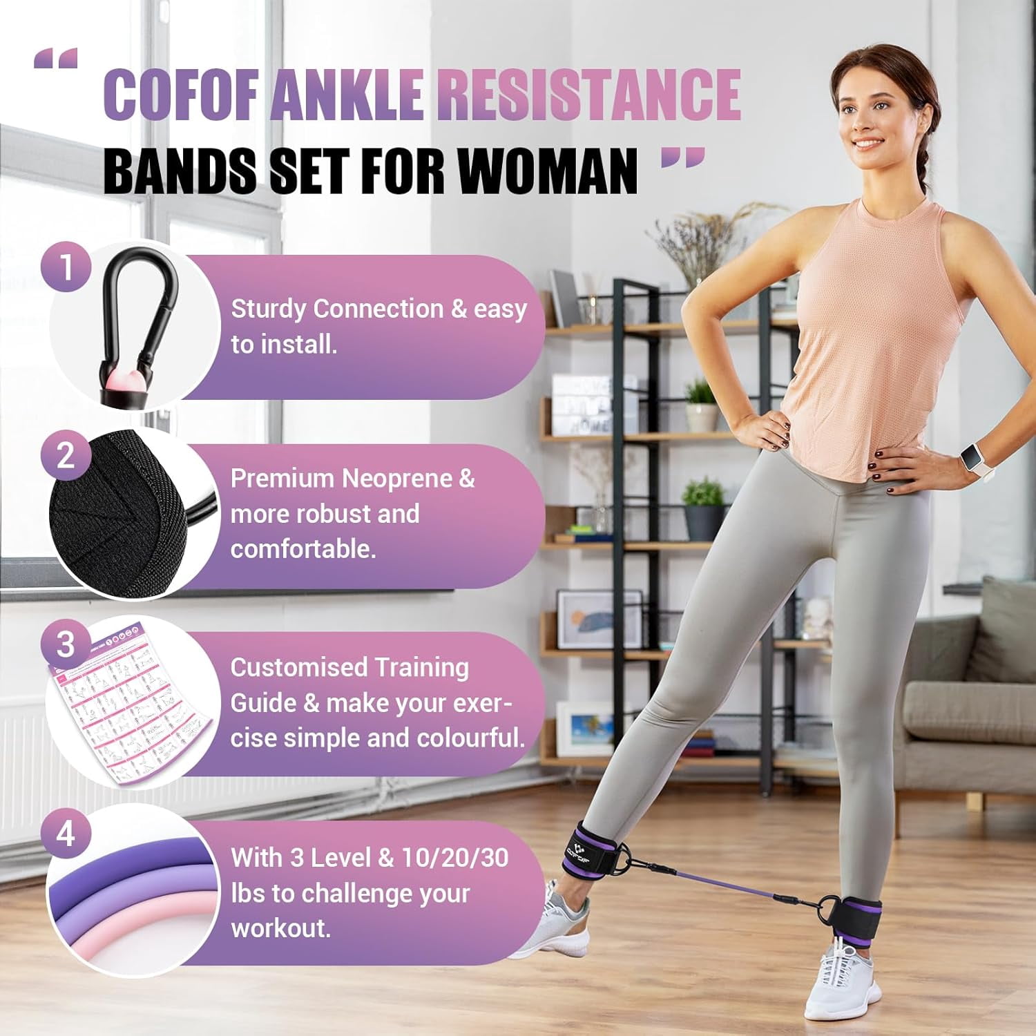 JJEAN-Ankle Resistance Bands with Cuffs, Ankle Bands for Working Out, Kickbacks Hip, Leg Glute Exercise Equipment with Training Poster, Resistance Workout Equipment for Women
