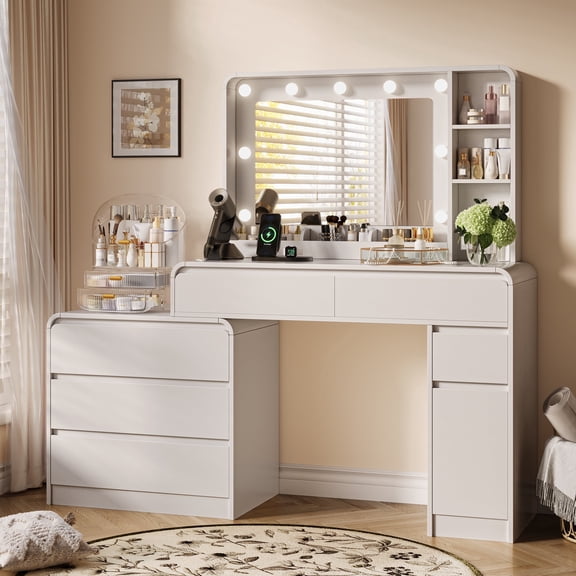 UGTOO White Vanity Desk with Lighted Mirror & Charging Station, Large Makeup Vanity Table with 5 Drawers & Cabinet, 3 Color Lighting Modes, P2 Wood Bedroom Dressing Table (Assembly Required)