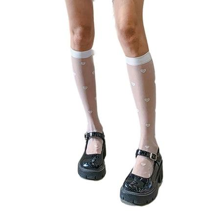 

Sorrowso Women Girls Lolita Summer Thin Transparent Knee High Socks Japanese Preppy Style Sweet Love Heart Patterned High Tube Stockings