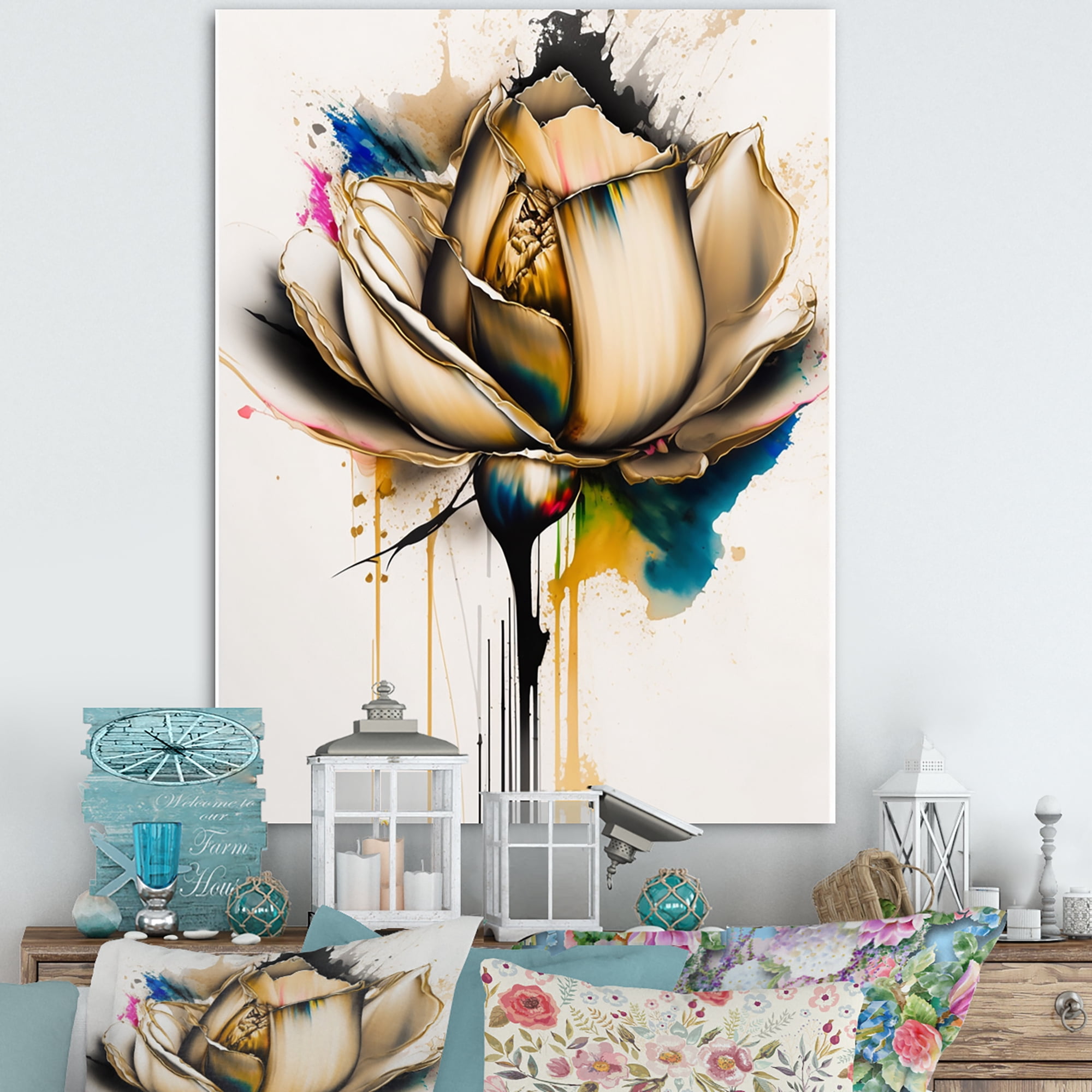 Designart Multicolor Flower On Abstract Fusion Canvas Wall Art