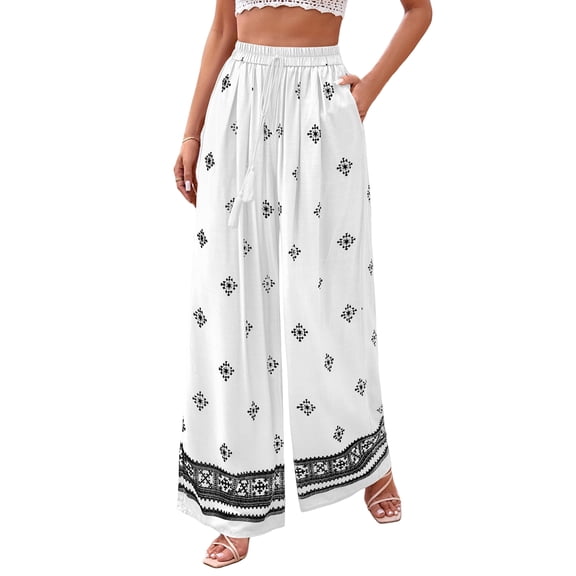 Women'S Wide Leg Palazzo Pants Boho Floral Trousers Flowy Beach Vacation Clothes Resort Wear White L