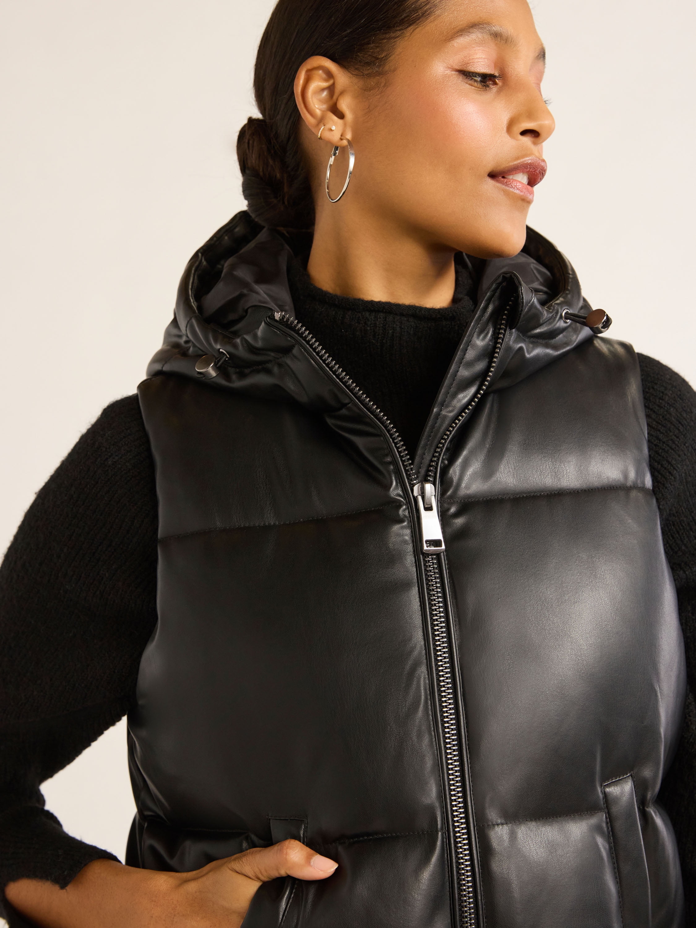Scoop Women's Faux Leather Hooded Puffer Vest, Midweight, Sizes XS-XXL