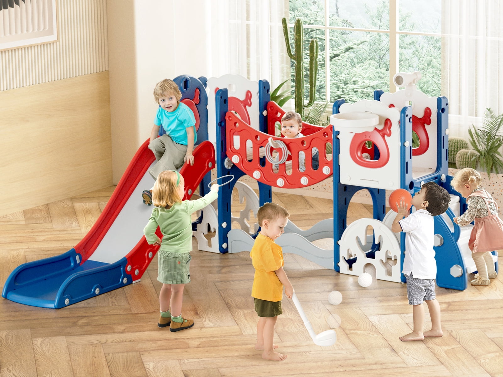 KORIMEFA 8 in 1 Toddler Slide, Kid Slide for Toddlers Age 1-3 with Ring Toss, Basketball Hoop, and Telescope, Indoor Outdoor Slide Toddler Playset Toddler Playground