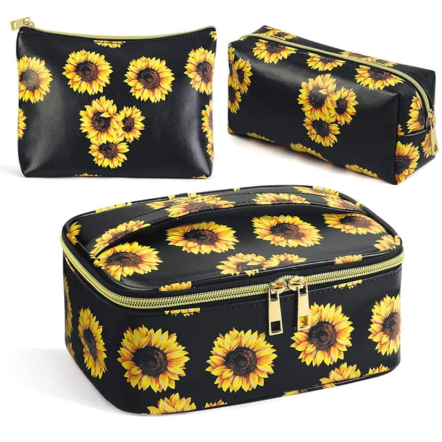 3 bolsas de maquillaje para mujer, bolsa de cosméticos de viaje portátil, organizador impermeable para bolso con cremallera dorada, lindas bolsas de aseo (girasol negro)