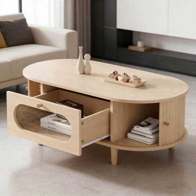 taoruifang 39.3" Modern Walnut Coffee Table with Drawer & Roll-Up Door, 4-Leg Storage Side Table for Living Room