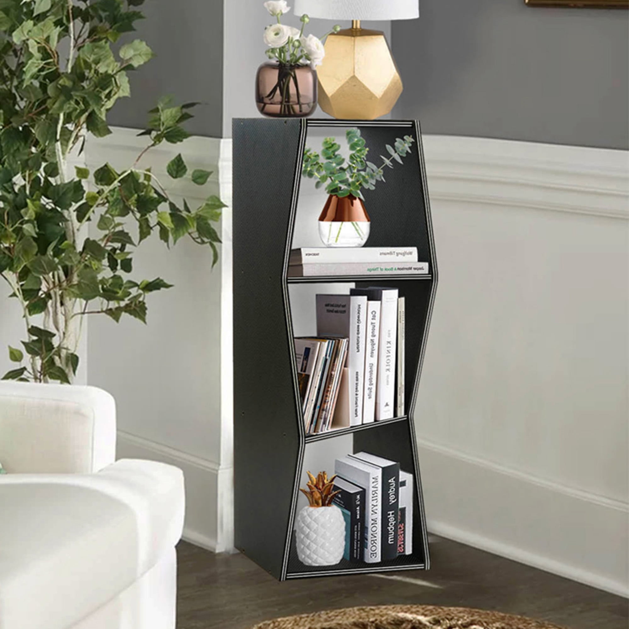 Finihen 3-Tier Geometric Book Shelf Bookcase, Wood Narrow Bookshelves Storage Organizer Display Rack for Bedroom Home Office, Black Finihen 3-Tier Geometric Book Shelf Bookcase, Wood Narrow Bookshelves Storage Organizer Display Rack for Bedroom Home Office, Black