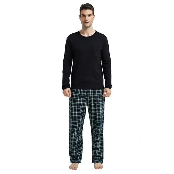 GLOBAL Conjunto de Pijama de Franela y Playera de Manga Larga para Hombre 100% Algodón Cuadros Verdes L