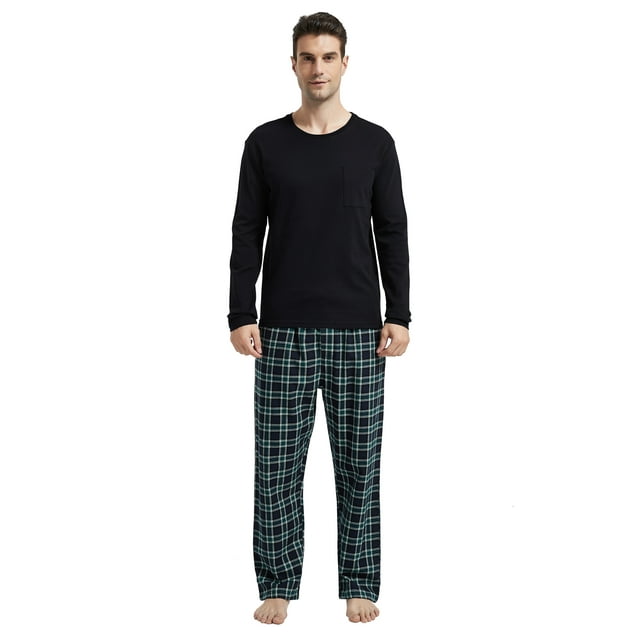 GLOBAL Conjunto de Pijama de Franela y Playera de Manga Larga para Hombre 100% Algodón Cuadros Verdes M