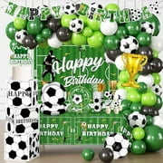 Soccer Balloon Decor Kit - 242-piece sports theme with balloons, cake topper, table cloth, plates, and napkins for boys' birthday celebrations.