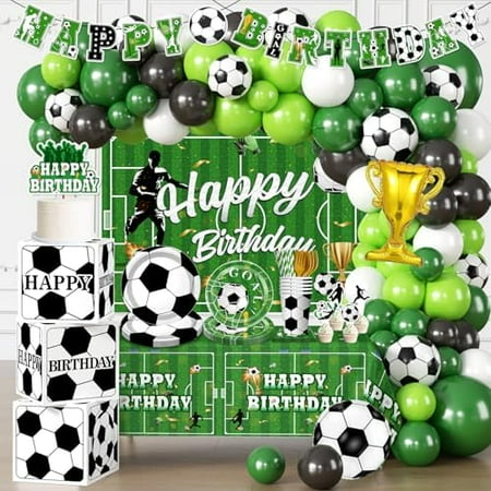 Soccer Balloon Decor Kit - 242-piece sports theme with balloons, cake topper, table cloth, plates, and napkins for boys' birthday celebrations.
