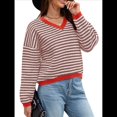 thumbnail image 1 of Suéter de Rayas de Larga para Mujer, Cuello en V, Bloque de Color, Punto Suave, Jersey de Moda Marrón y L, 1 of 8