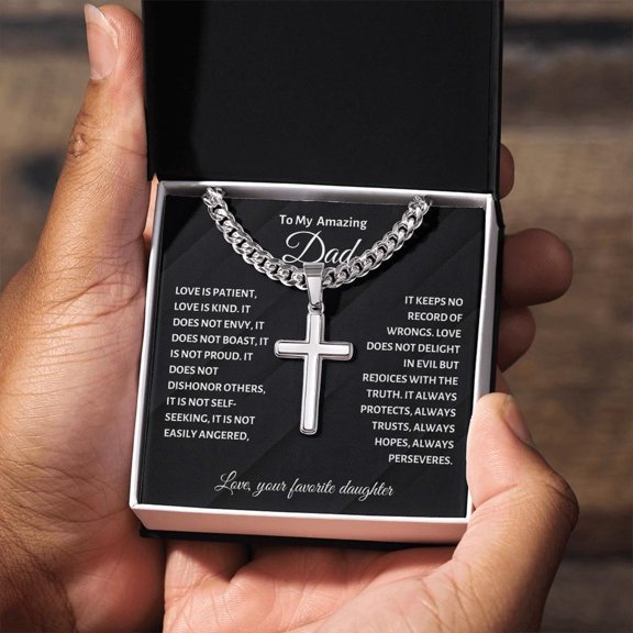 To My Amazing Dad Cross Necklace, Cuban Link Chain Gift for Dad from Favorite Daughter, Daughter to Dad Gift, Necklace with Loving Message Card and Gift Box, Father's Day Gift for Men