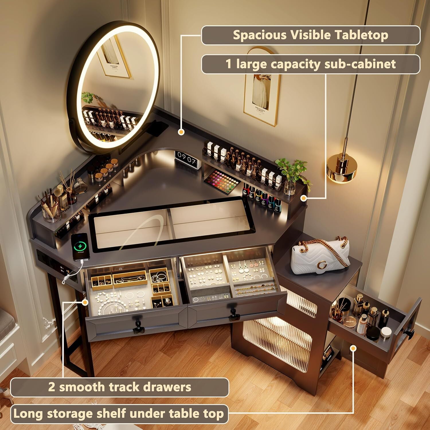 Linda A. Sandersさん専用 Onbeam Corner Vanity Desk with Mirror,LED Lights,Power