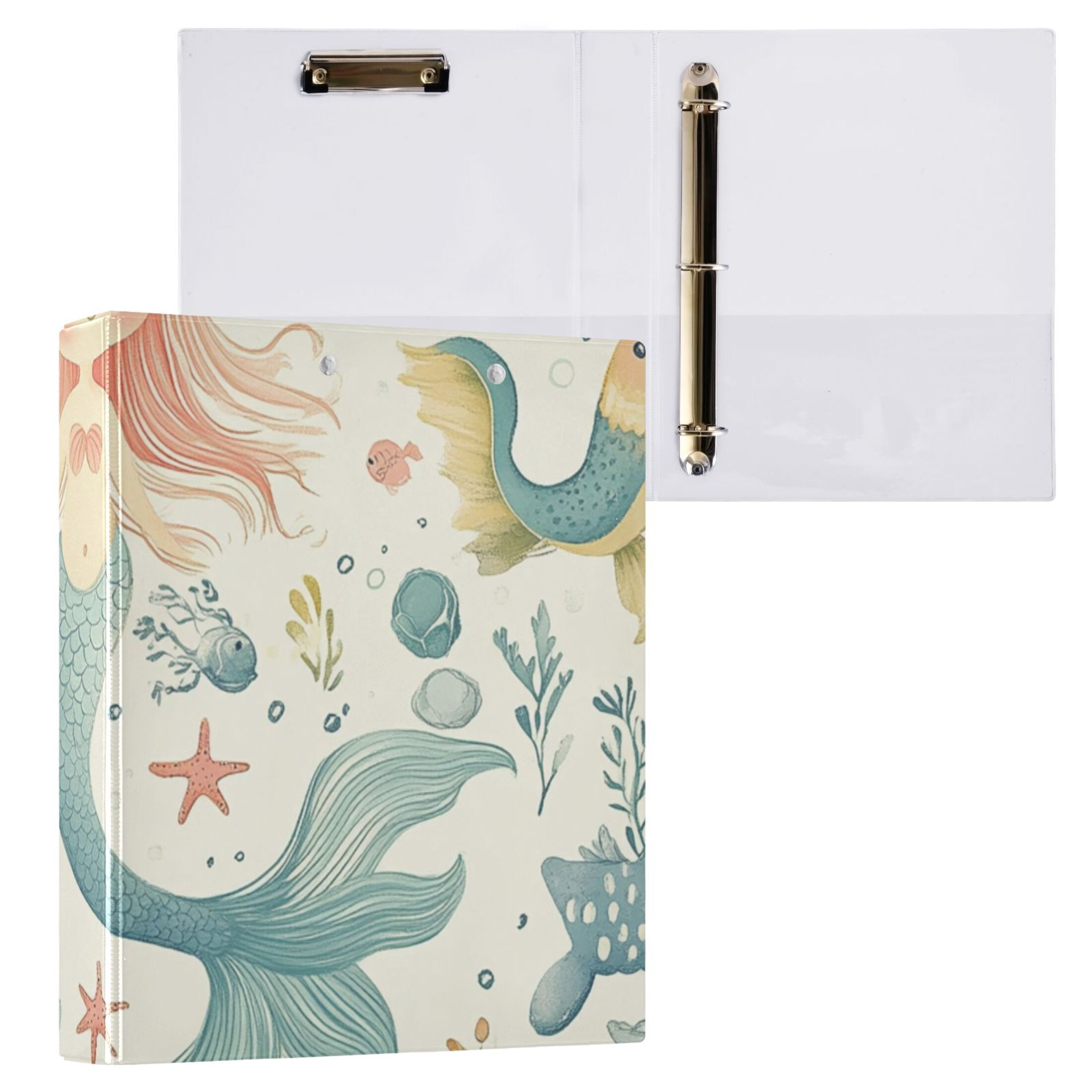 Mermaids Seaweed 3 Ring Binders 1.5 inch Hardcover File Folders with Interior Pockets A4 Size Organizer for School Office Hospital