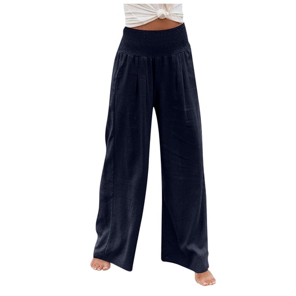 Staron Women's Loose Wide Leg Pants High Waist Straight Casual Elastic Waist with Sashes Vacation Beach Travel Comfy Relaxed Pants, Navy M