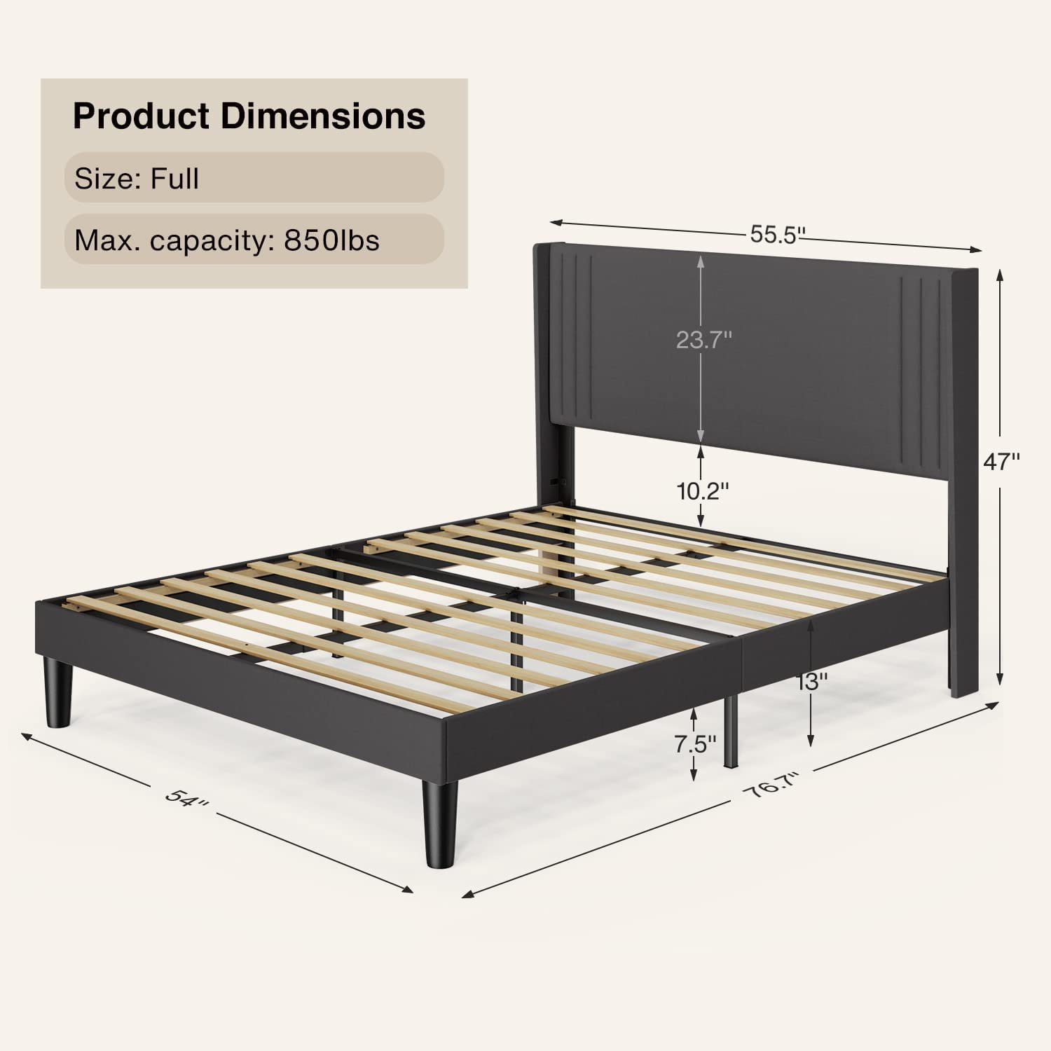 Full Size Bed Frame, Bed Frame with Wingback Headboard Hold 850 lbs, Dark Gray