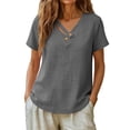 thumbnail image 6 of WHLBF Tank Tops for Women V-Neck Short Sleeve Button Loose Casual Summer Cotton Linen Shirt Tank Gray L, 6 of 8
