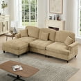 thumbnail image 6 of Newest 3 Seater Modular L Shaped Sectional Couch, Flared Arms, Removable Ruffles Pleats Skirts, Spindle Legs,Comfy Chenille 3-Seat Deep Seat Sofa, Movable Ottoman,Light Coffee, 6 of 20