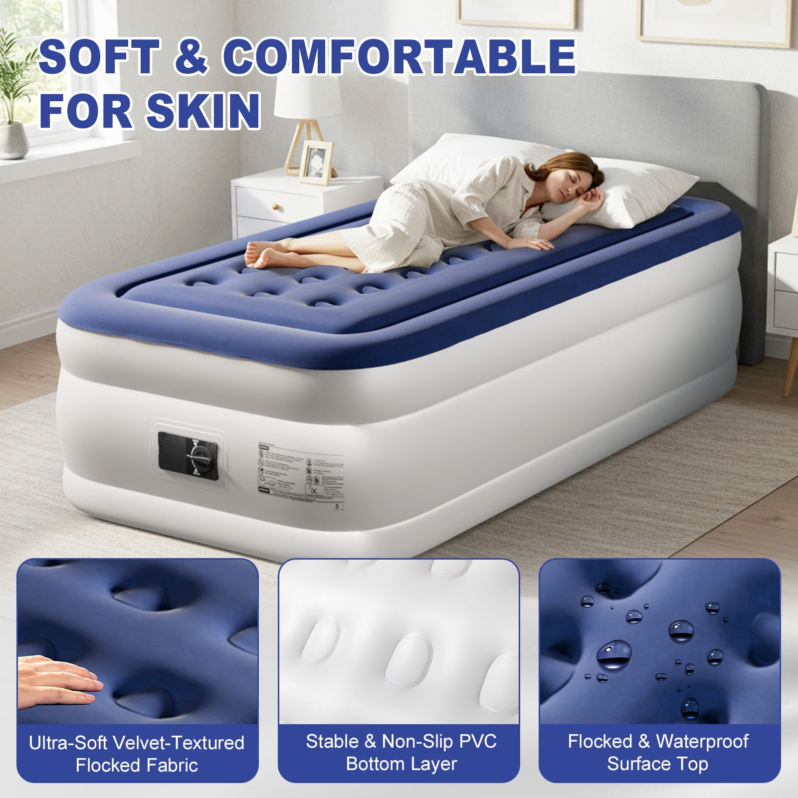 Ktaxon 18in Twin Air Mattress with Built-in Pump, Elevated Inflatable Airbed, Blow up Mattress for Camping Home Guests, Blue & White