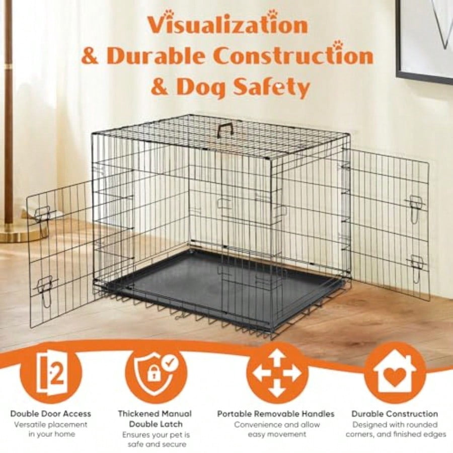 Large Dog Crate with Divider Panel 36 Inch Double Door Folding Metal Wire Dog Cage with Plastic Leak-Proof Pan Tray Pet Kennel for Indoor Outdoor Travel 36S