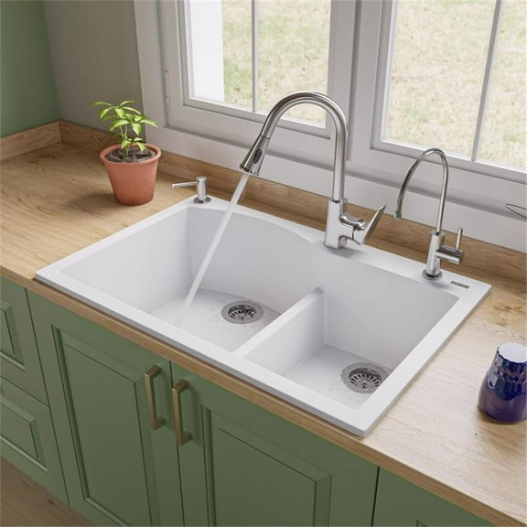 Pemberly Row White 33" Double Bowl Drop In Granite Composite Kitchen Sink