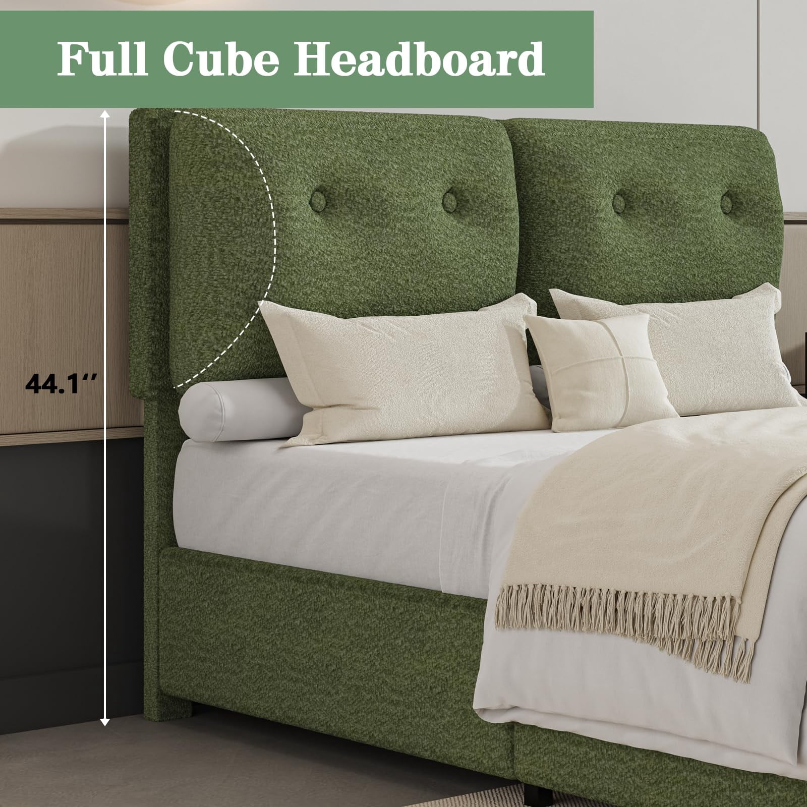 4 EVER WINNER King Bed Frame, King Size Bed Frame with Headboard, Boucle Bed Frame with Removable Pillow Upholstery, No Box Spring Required, Easy Assembly, Green