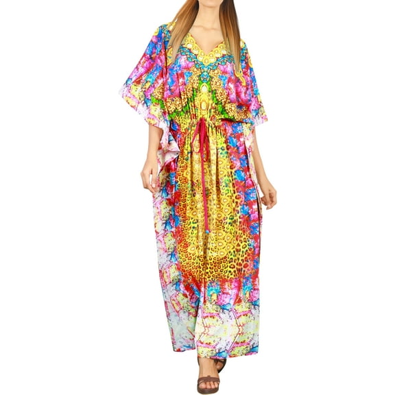 HAPPY BAY Women's Summer Loungewear African Beach Maxi Plus Size Kaftan Ethnic Print Casual Slit Dress Caftan Dresses for Women 2X-3X Gold, Leopard Skin