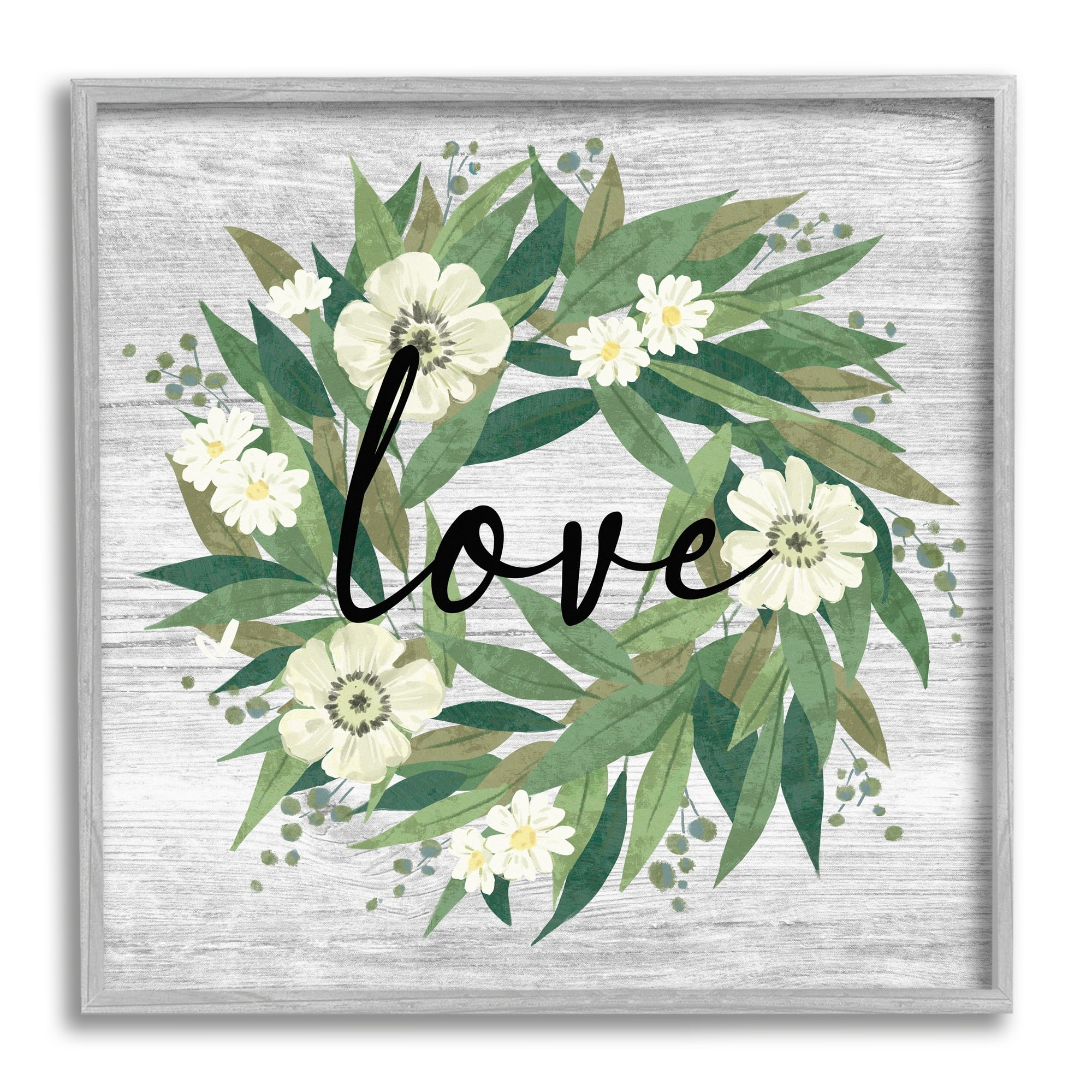 Stupell Industries Botanical Love Calligraphy Floral Wreath Rustic Design Graphic Art Gray Framed Art Print Wall Art, Design by Ziwei Li