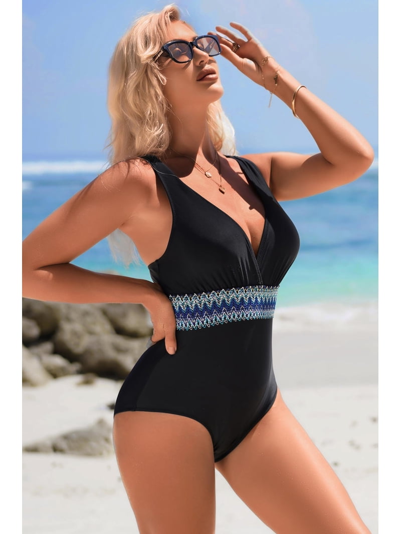ATTRACO One Piece Swimsuit Women Tummy Tuck Waist Design V Collar Bathing  Suit Sexy Monokini Swimwear S-XL
