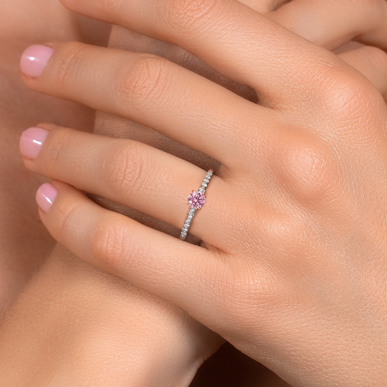 Gem Stone King 10K Two Tone Gold Pink and White Lab Grown Diamond Engagement Ring for Women | 0.43 Cttw | Round 4MM | Gemstone April Birthstone | Size 6