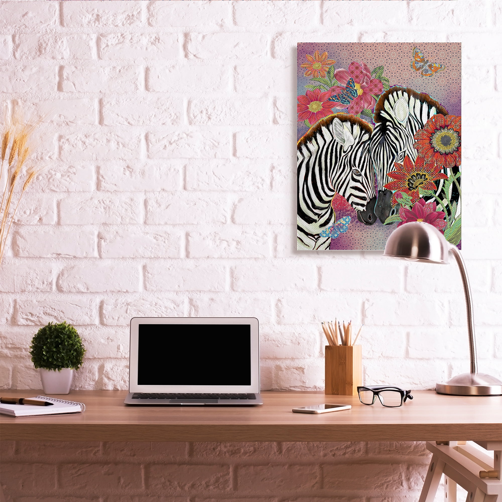 Loving Zebra Pair over Pink Arabesque Pattern 30 in x 40 in Painting Canvas Art Print, by Stupell Home Décor