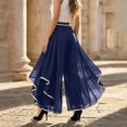 thumbnail image 4 of Women's High-Waisted Chiffon Palazzo Pants with Gold Trim - Tiered Ruffle Wide Leg Trousers, Flowy Boho Culottes for Summer Navy M, 4 of 5