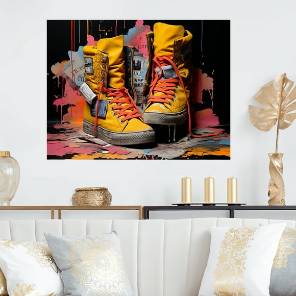 Designart "Urban Style with Edgy Sneakers" Balenciaga Metal Wall Art, Yellow Metal Wall Decor, Glam Metal Art Decor For Living Room - 20x12 Inch