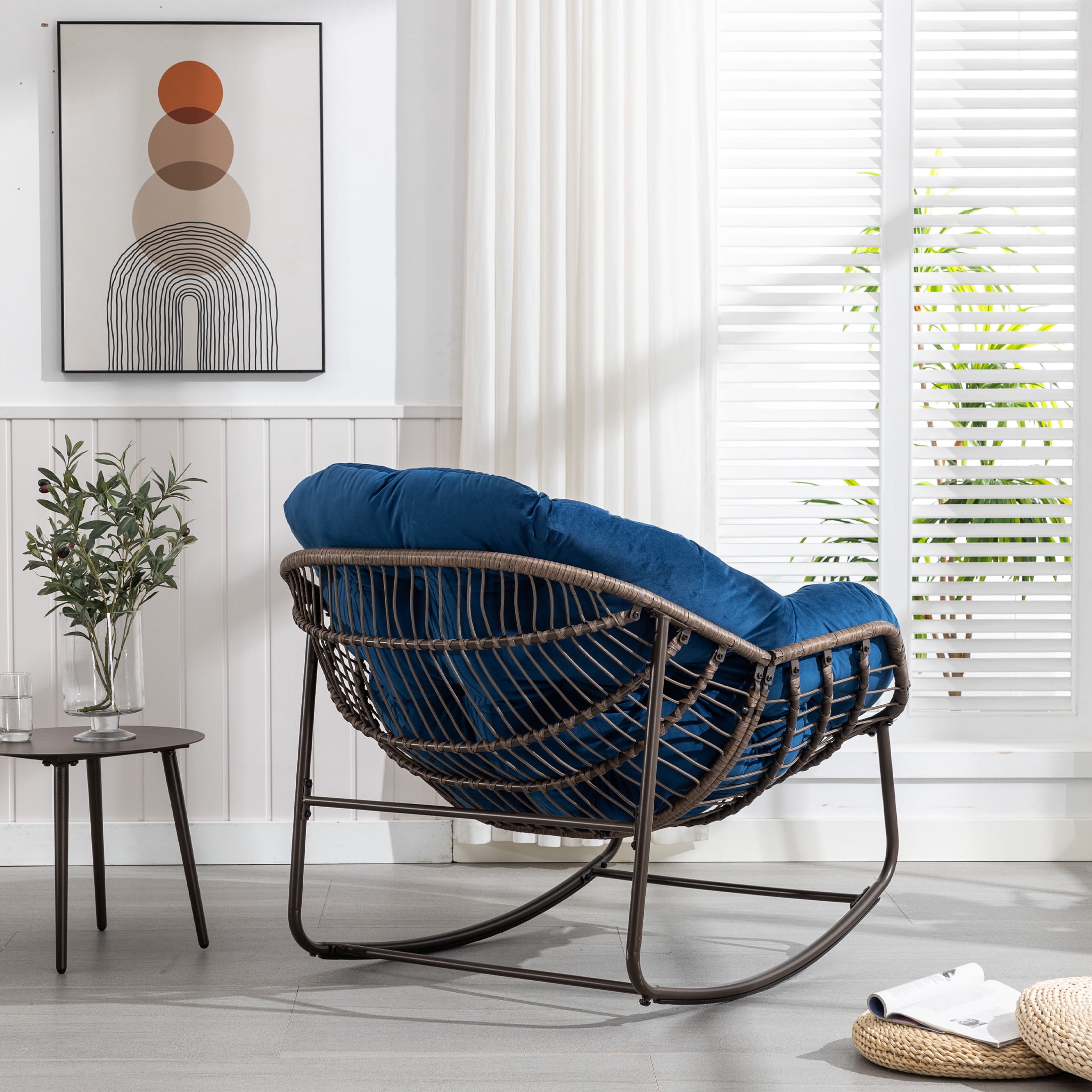 PORKISS Papasan Rocking Chair Indoor and Outdoor, Patio Rocker Recliner Chair with Padded Cushion, Modern Lounge Egg Chair with Steel, Rattan Frame, Velvet Navy Blue