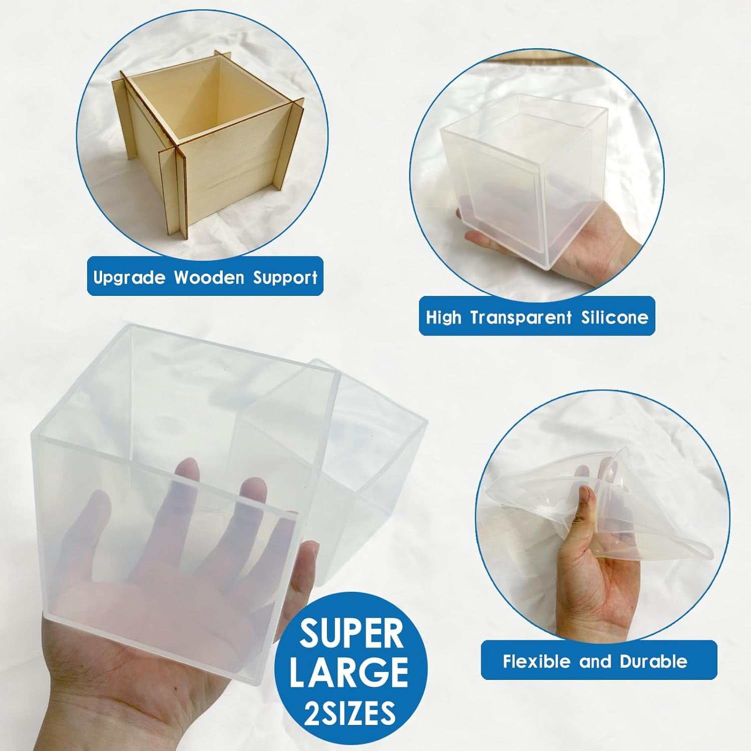 ABCISI 2Pcs Large Cube Resin Molds, 4'' & 3'' Clear Silicone Cube Molds, Resin Flower Preservation Kit, Transparent Deep Square Epoxy Resin Mold with Wooden Support for DIY Craft Home Decor