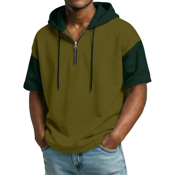 Tfken Summer Men Tshirts Hooded Patchwork Short Sleeve Drawstring Tops With Zipper Casual Daily Wear Male Leisure Shirts Green