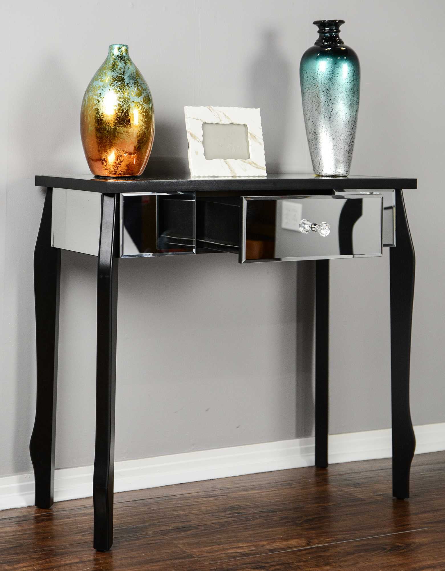 31' Black Console Table with a Mirrored Glass Top and a Drawer