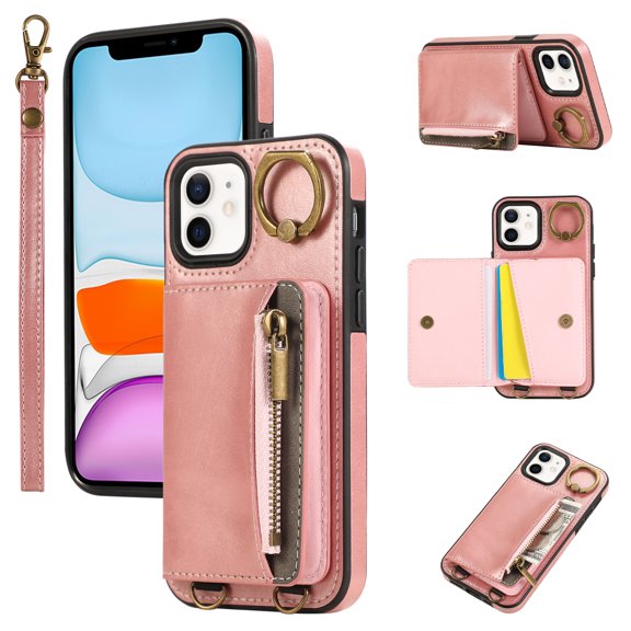 Allytechgroup Stylish iPhone 11 Wallet Case, Secure Phone Case for Apple iPhone 11, Multi-functional and Durable, Ring Holder Hand Wrist Stand Shockproof Case for Women Men, Pink