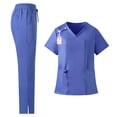 thumbnail image 3 of Karymi Going Out Tops 2-Piece Scrub Set, V-Neck Short Sleeve Slim Top with Pockets + Elastic Drawstring Waist Pants, Medical Uniforms Women's Clothing, 3 of 6