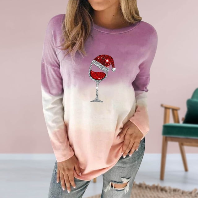 Pntutb Mujeres Moda O-cuello Navidad Mangas largas tops Blusa Gradiente Sudadera Pntutb Pntutb-2421