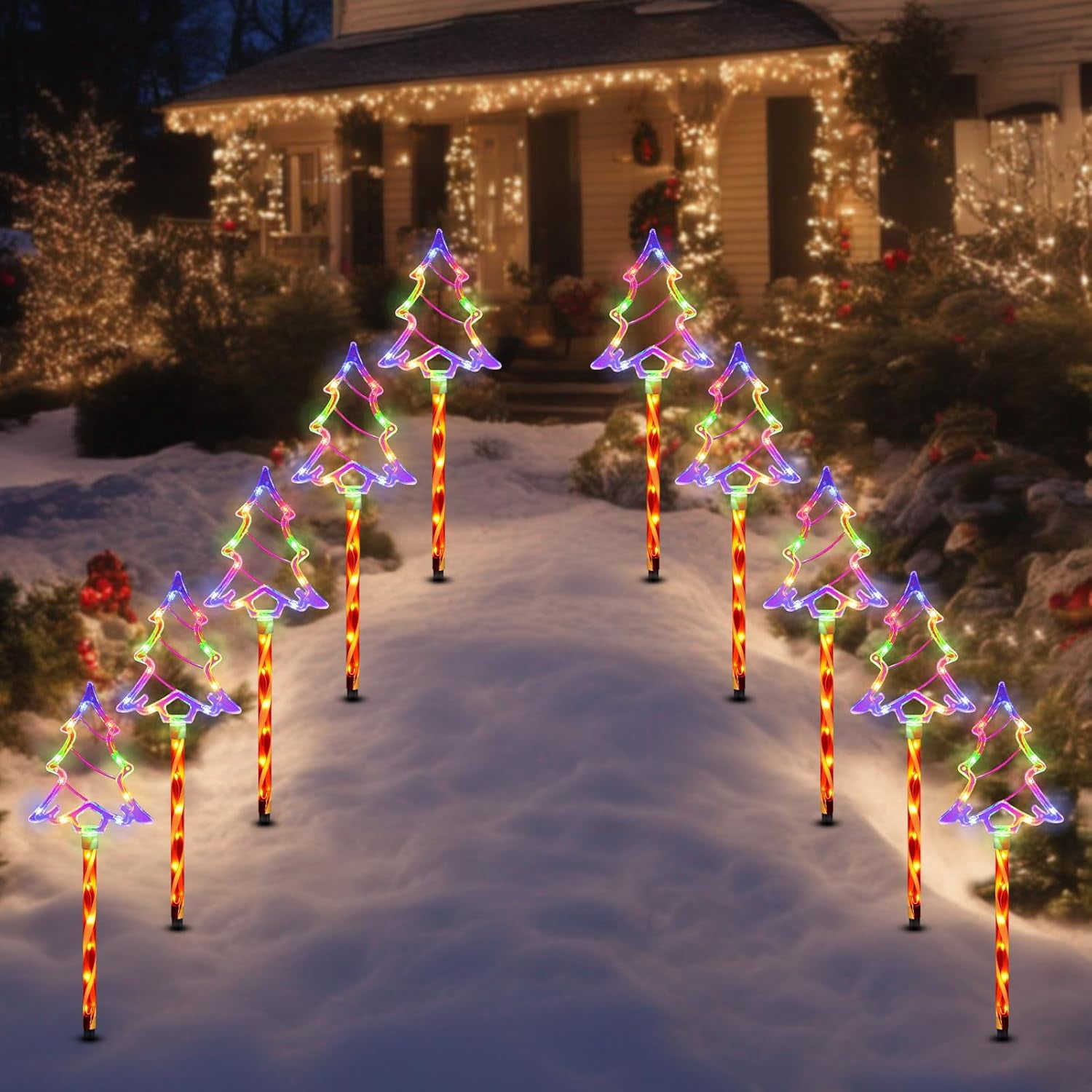 Christmas Solar Pathway Lights Outdoor Decorations, 8 Modes Xmas Tree Candy Lights Waterproof Led Garden Stake Light for Walkway Yard Lawn Porch Holiday Decor 5-Pack