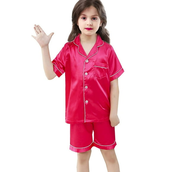 PMVFHDE Girls Sleepwear & Robes Little Baby Girls Boys Pajamas Set Satin Silk Ki Ds Short Sleeves Sleepwear 2 Piece Button Down Classic Loungewear Shorts Girl Clothes Hot Pink,90