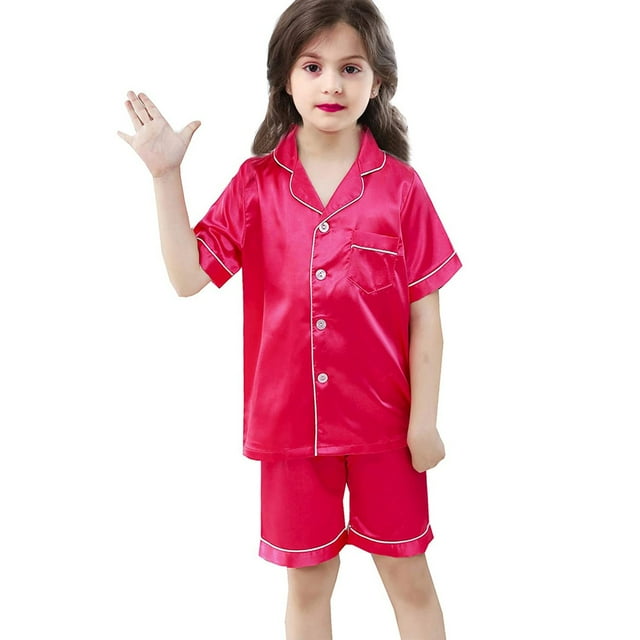 Ensemble de Pyjama pour Filles Pyjamas en Satin Enfants Hauts Boutonnés avec Shorts Ensemble de Pyjamas Décontractés Pyjamas pour Filles 6-7
